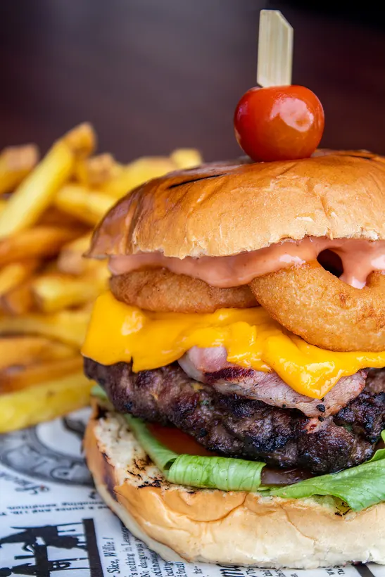 Cheese, bacon and onion ring burger at Gill's Restaurant Gibraltar